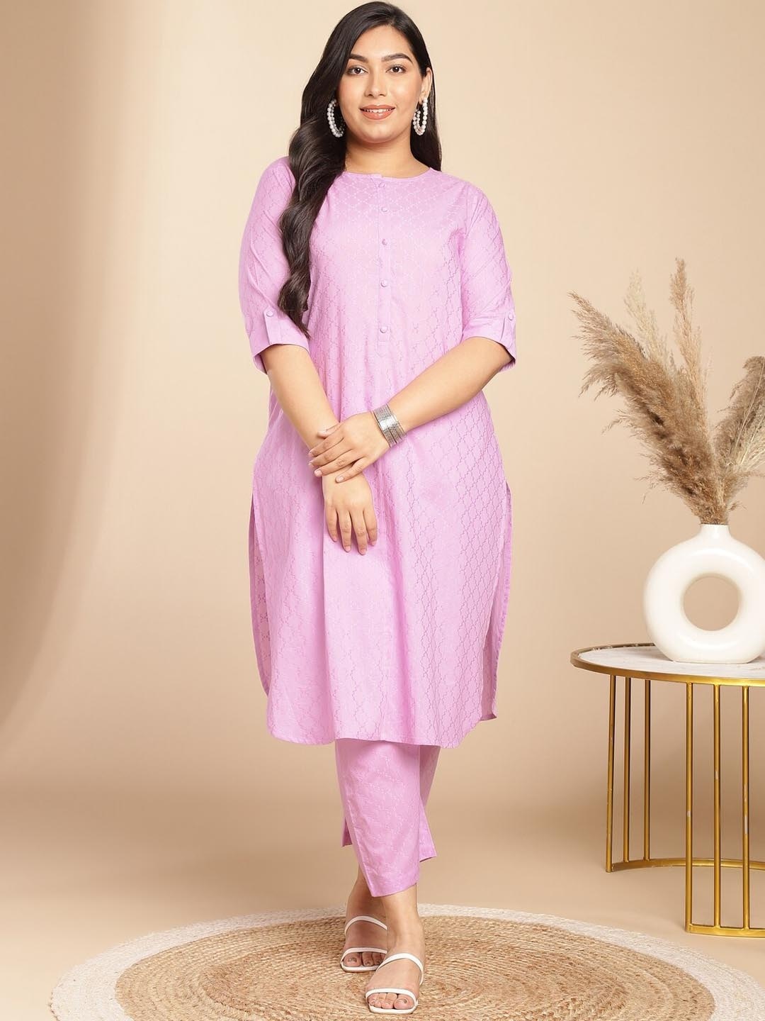 

Janasya Plus Size Self Design Pure Cotton Plus Size Tunic With Trousers, Lavender