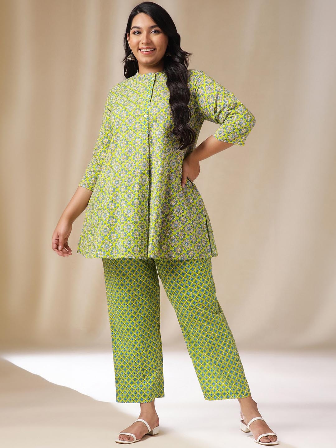 

Janasya Plus Size Floral Printed Three Quarter Sleeve Top And Trouser, Lime green