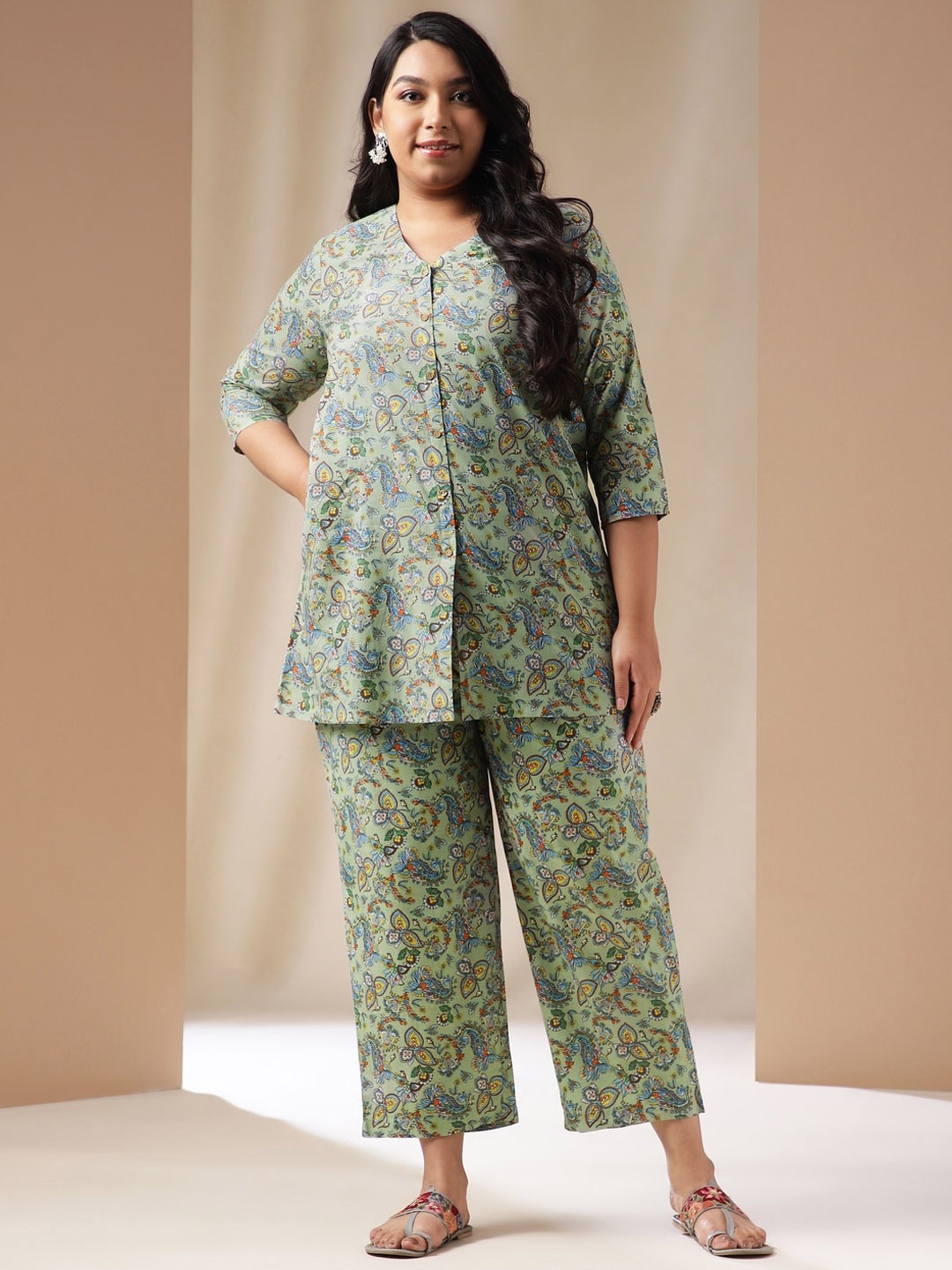 

Janasya Plus Size Printed Pure Cotton Tunic With Trousers, Green