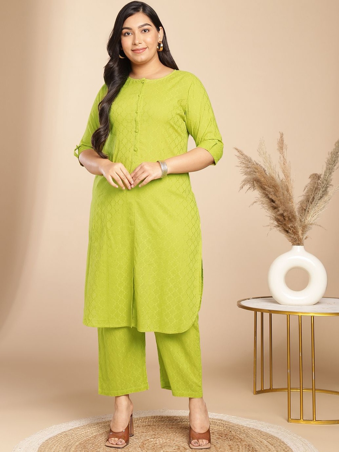 

Janasya Plus Size Self-Design Pure Cotton Tunic & Trousers Co-Ords, Lime green