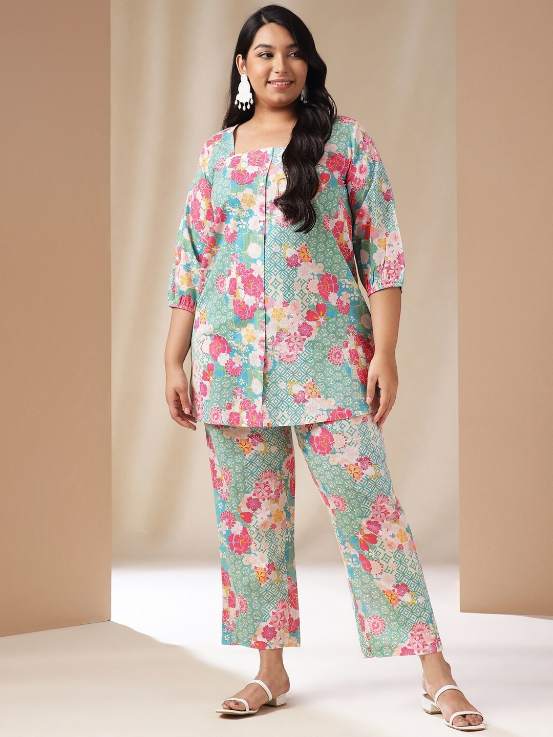 

Janasya Plus Size Floral Printed Pure Cotton Shirt Collar Neck Tunic With Flared Trouser, Blue