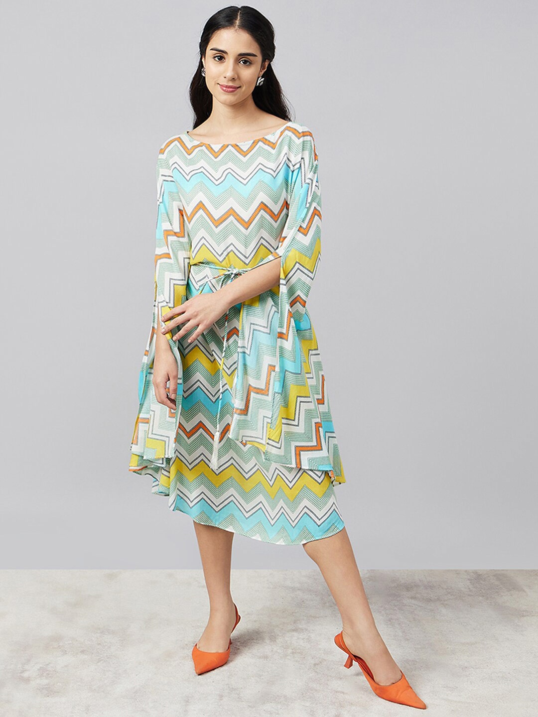 

First Resort by Ramola Bachchan Chevron Print Slit Sleeve Fit & Flare Midi Dress, Blue