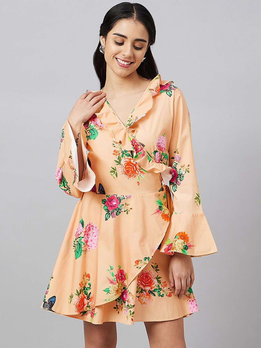 

First Resort by Ramola Bachchan Floral Print Flared Sleeve Ruffled Fit & Flare Dress, Yellow