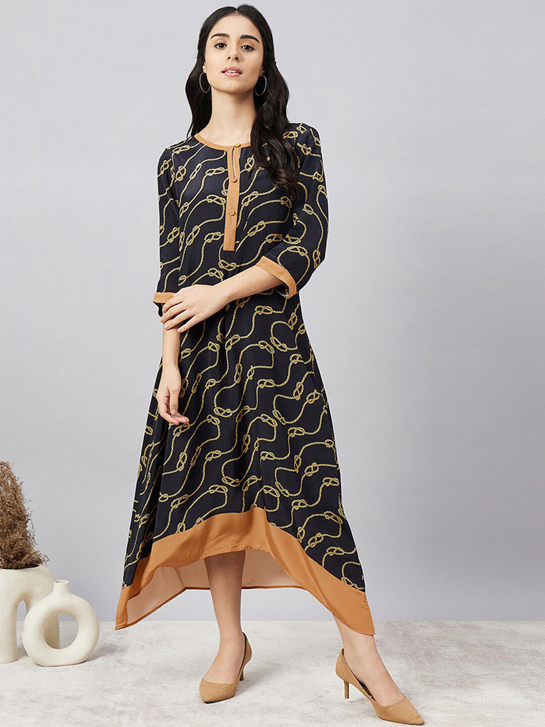 

First Resort by Ramola Bachchan Geometric Print A-Line Midi Dress, Black