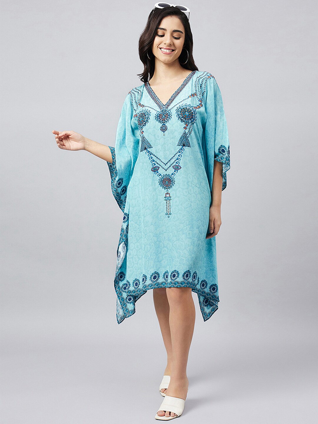 

First Resort by Ramola Bachchan Floral Printed V-Neck Kimono Sleeves Kaftan Midi Dress, Blue