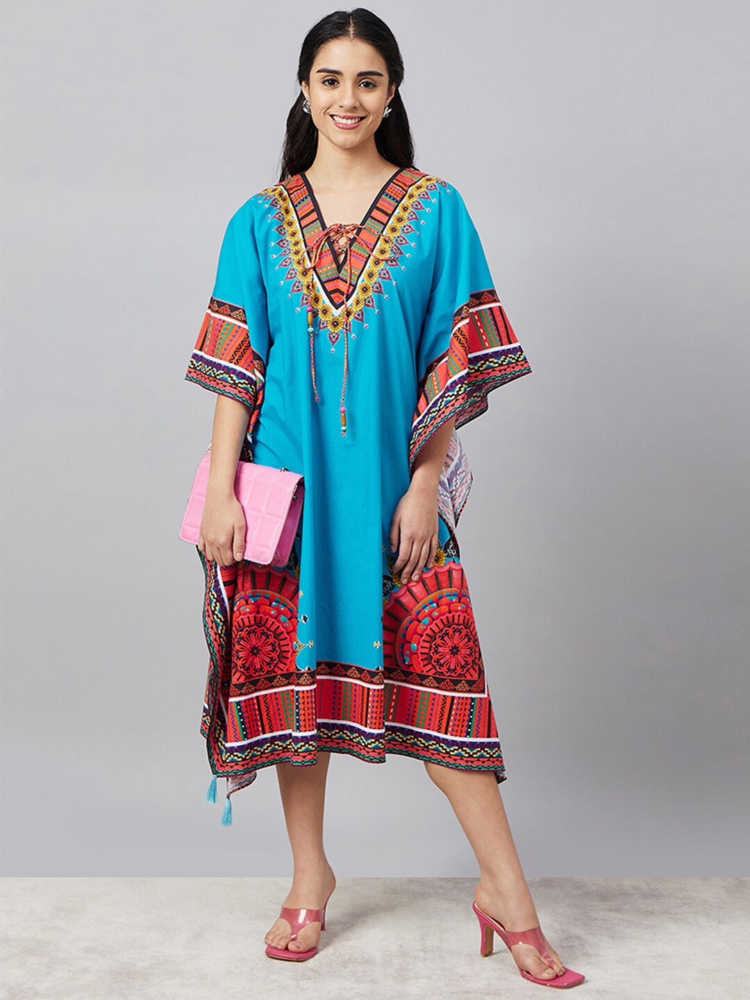 

First Resort by Ramola Bachchan Ethnic Motifs Print Flared Sleeve Crepe Kaftan Midi Dress, Blue