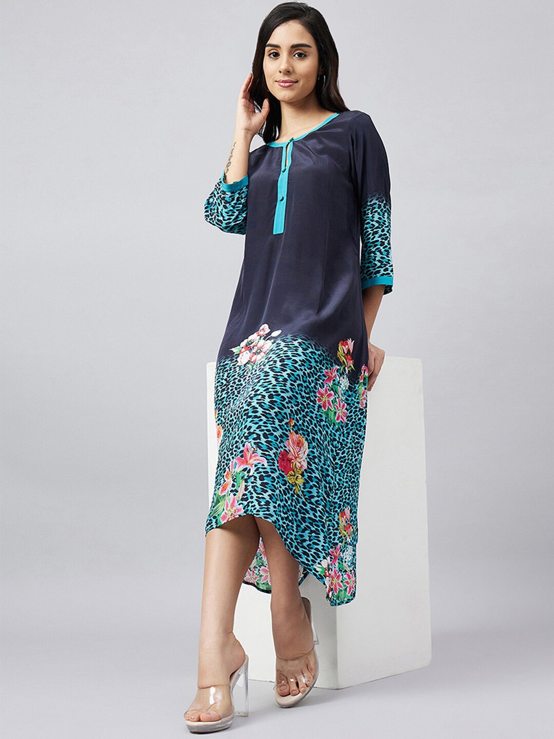

First Resort by Ramola Bachchan Floral Print Round Neck A-Line Midi Dress, Black