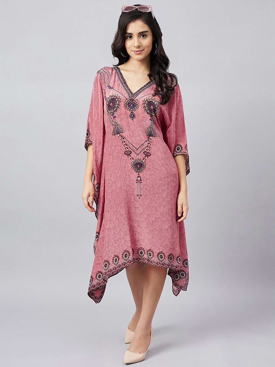 

First Resort by Ramola Bachchan Ethnic Motifs Print V-Neck Kaftan Midi Dress, Pink