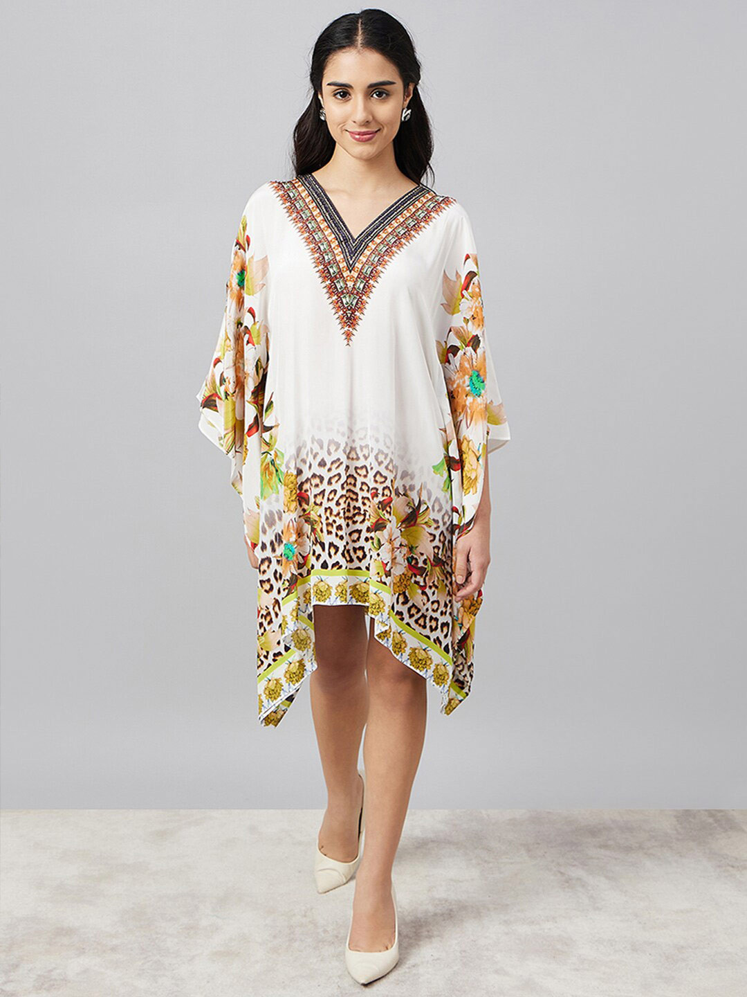 

First Resort by Ramola Bachchan Ethnic Motifs Print V-Neck Kimono Sleeve Kaftan Dress, Yellow