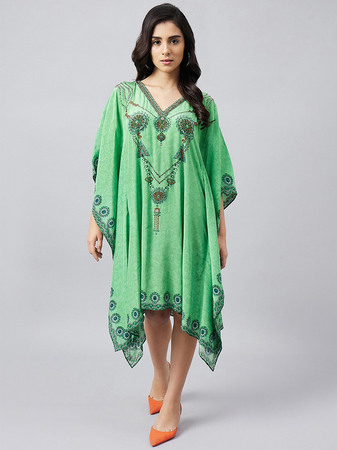

First Resort by Ramola Bachchan Floral Printed V-Neck Kimono Sleeve Kaftan Midi Dress, Green