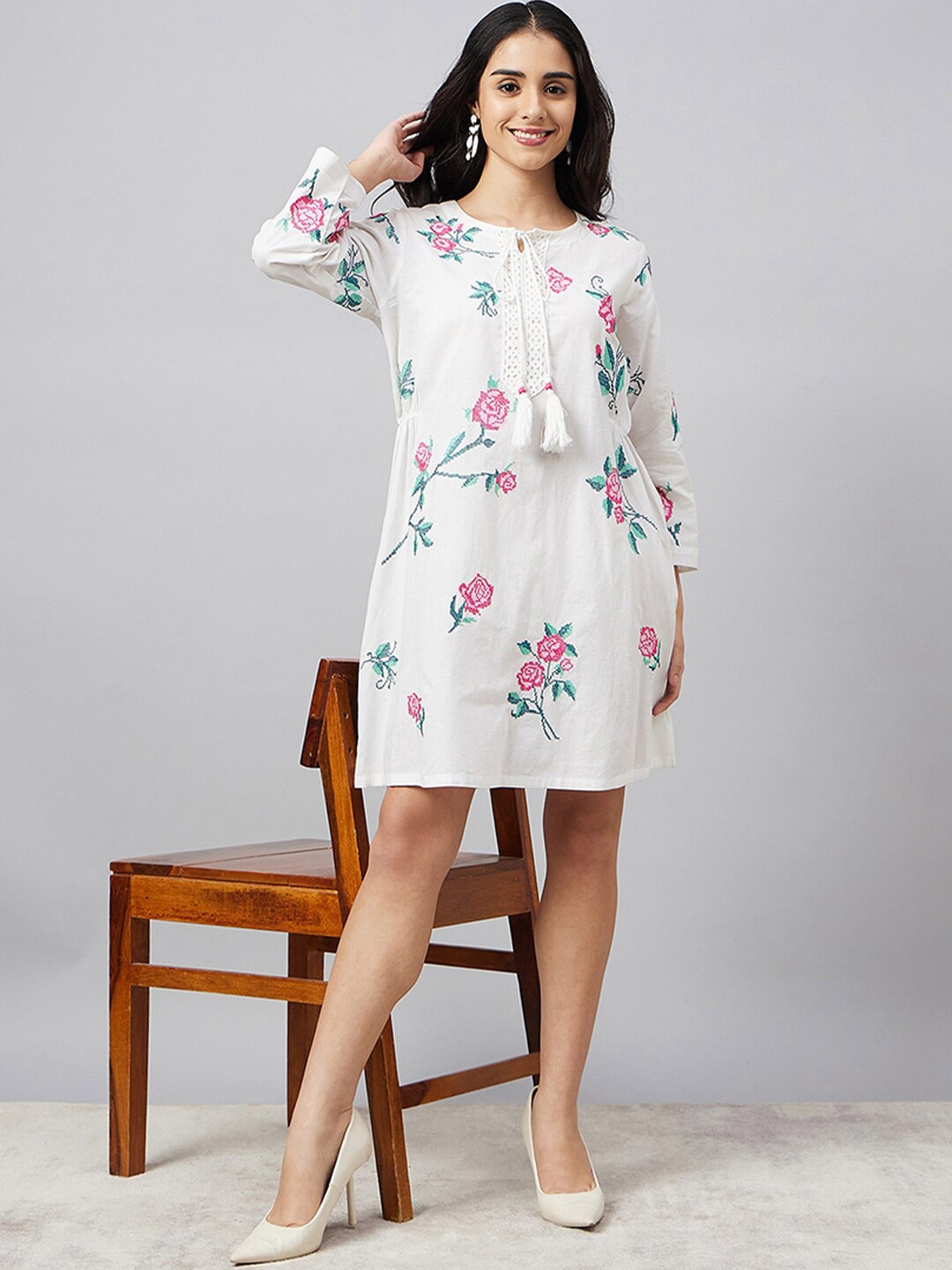 

First Resort by Ramola Bachchan Floral Print Tie-Up Neck Bell Sleeve Crepe A-Line Dress, Pink