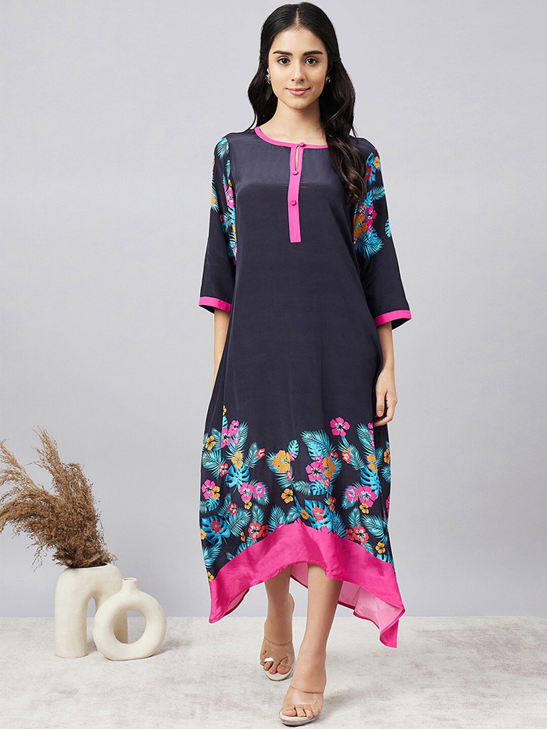 

First Resort by Ramola Bachchan Floral Print Crepe A-Line Midi Dress, Black