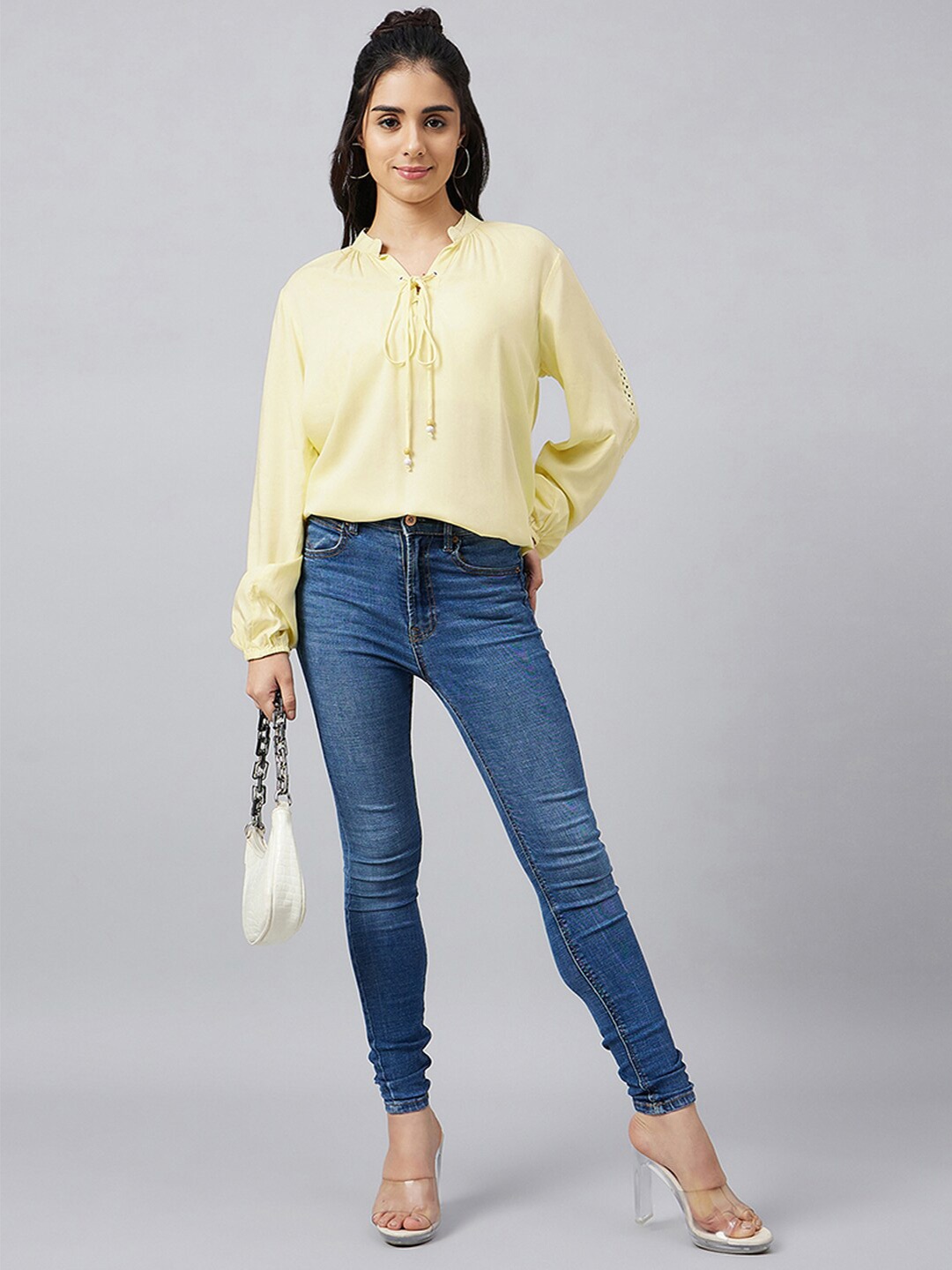 

First Resort by Ramola Bachchan Tie-Up Neck Puff Sleeves Regular Longline Top, Yellow
