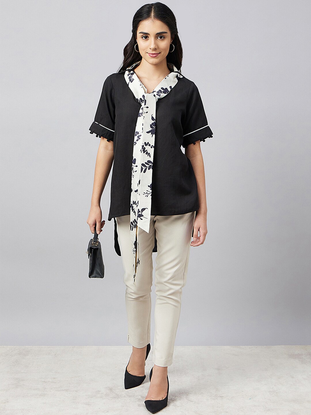 

First Resort by Ramola Bachchan V-Neck Linen Shirt Style Top With Belt, Black