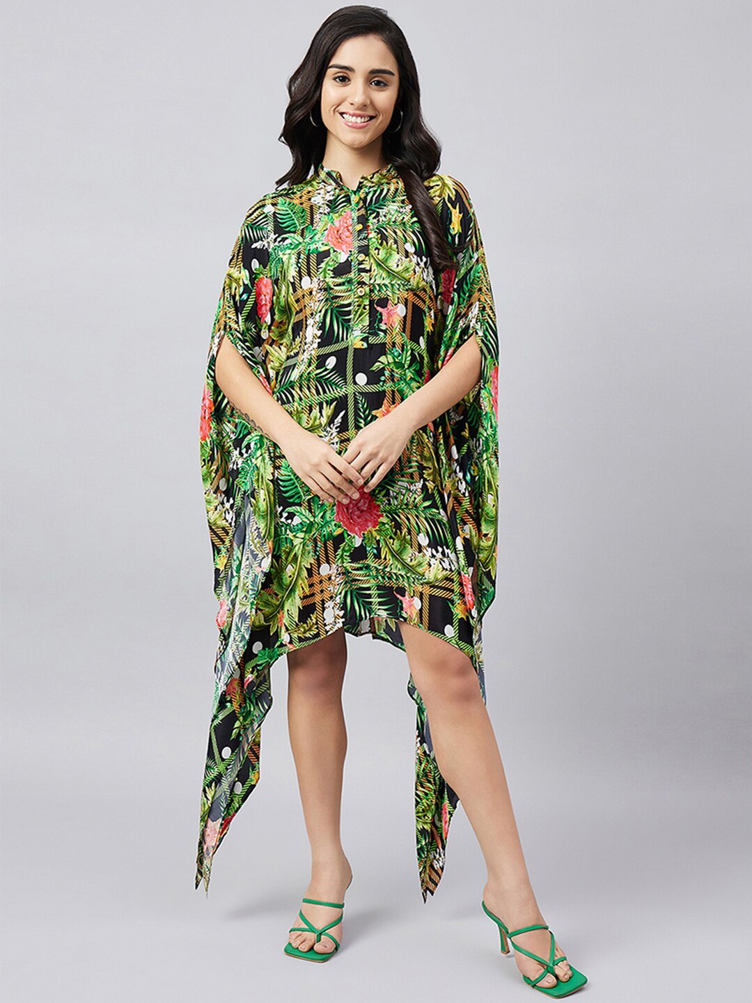

First Resort by Ramola Bachchan Tropical Print Kimono Sleeve Kaftan Dress, Black