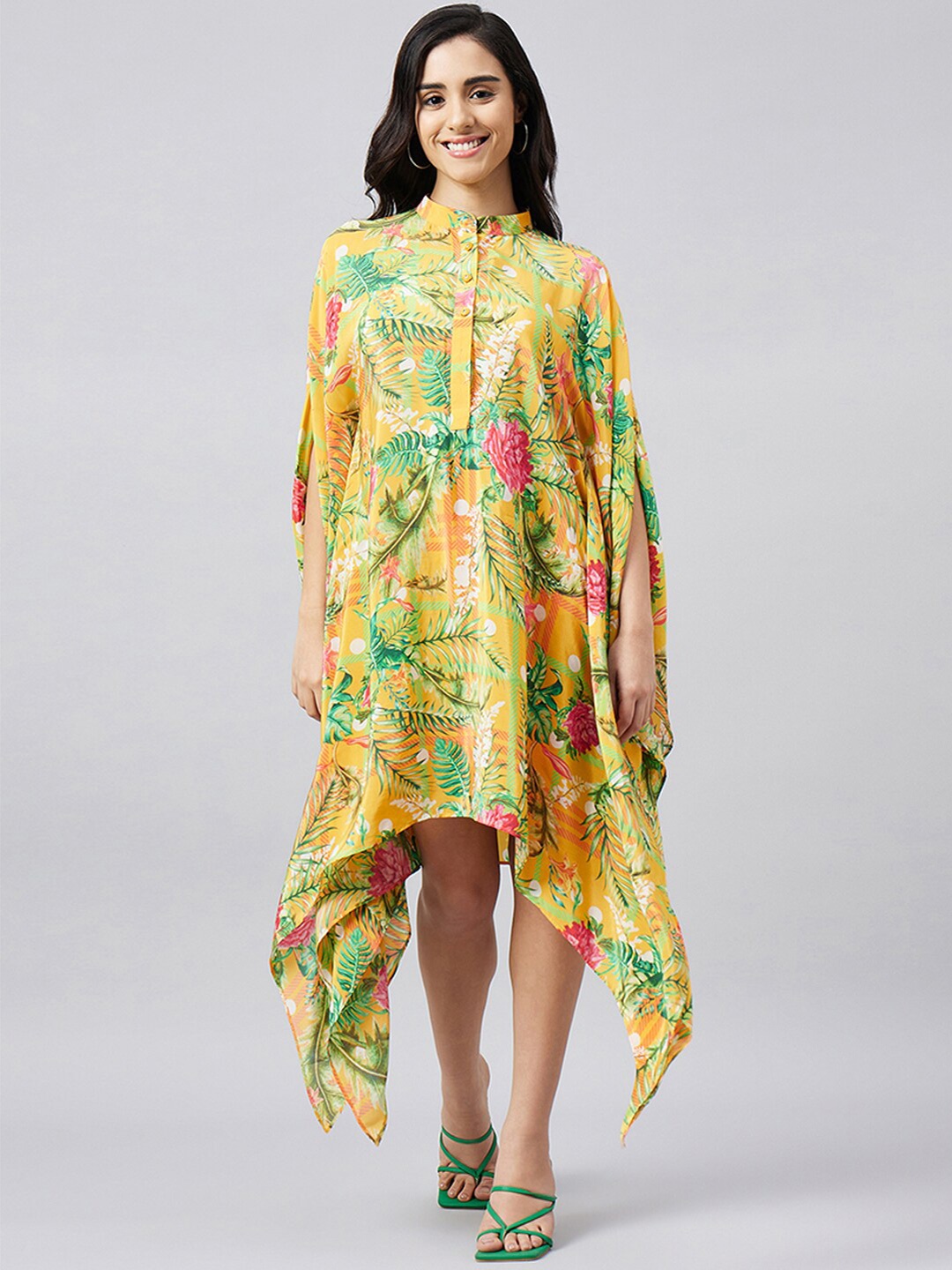 

First Resort by Ramola Bachchan Mandarin Collar Floral Printed Kaftan Dress, Yellow