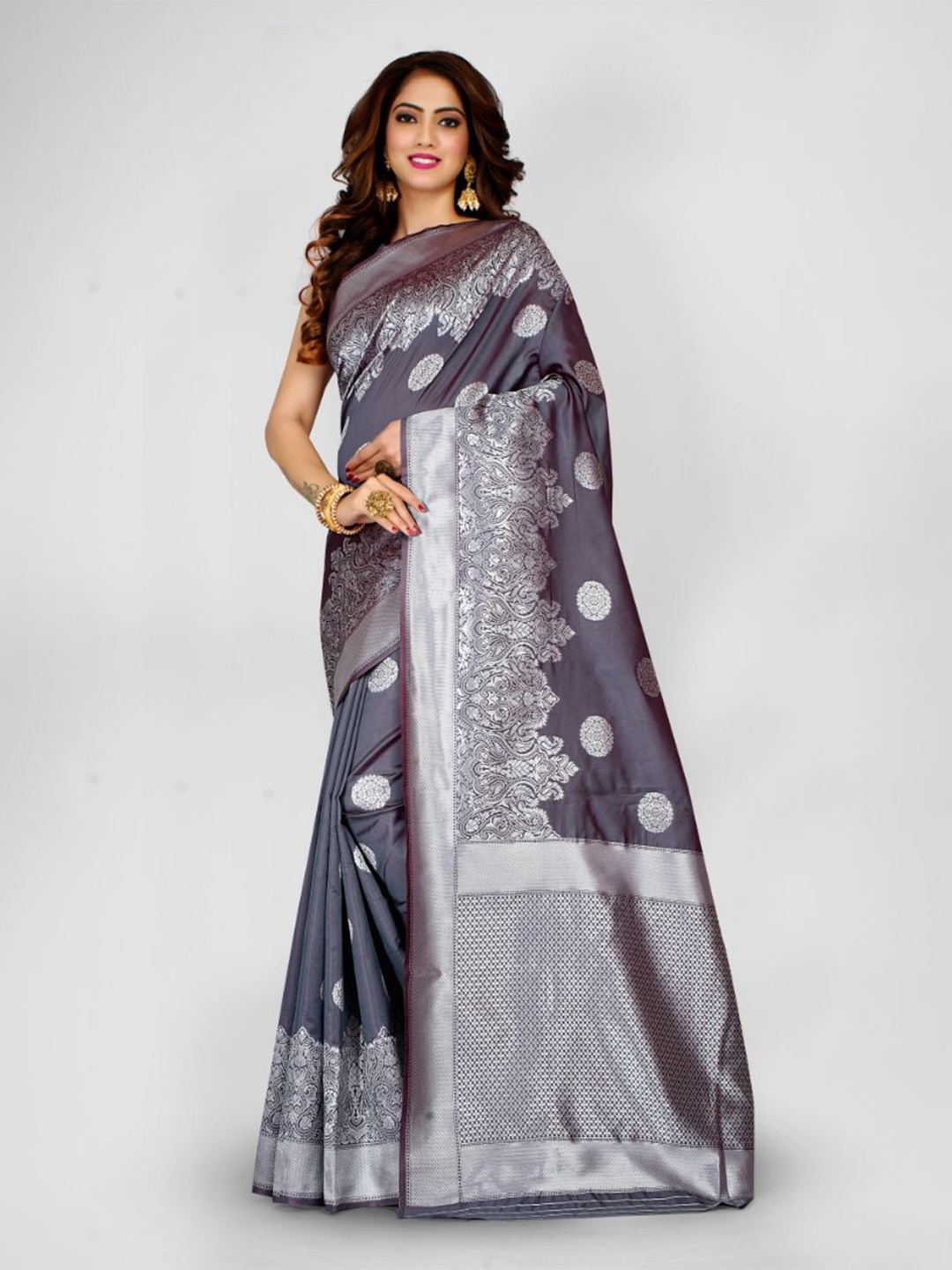 

Aagiri Ethnic Motifs Woven Design Zari Banarasi Saree, Grey