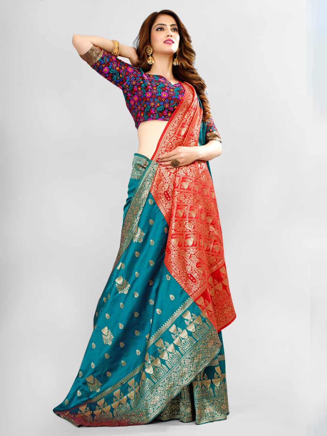 

Aagiri Ethnic Motifs Woven Design Zari Banarasi Saree, Teal