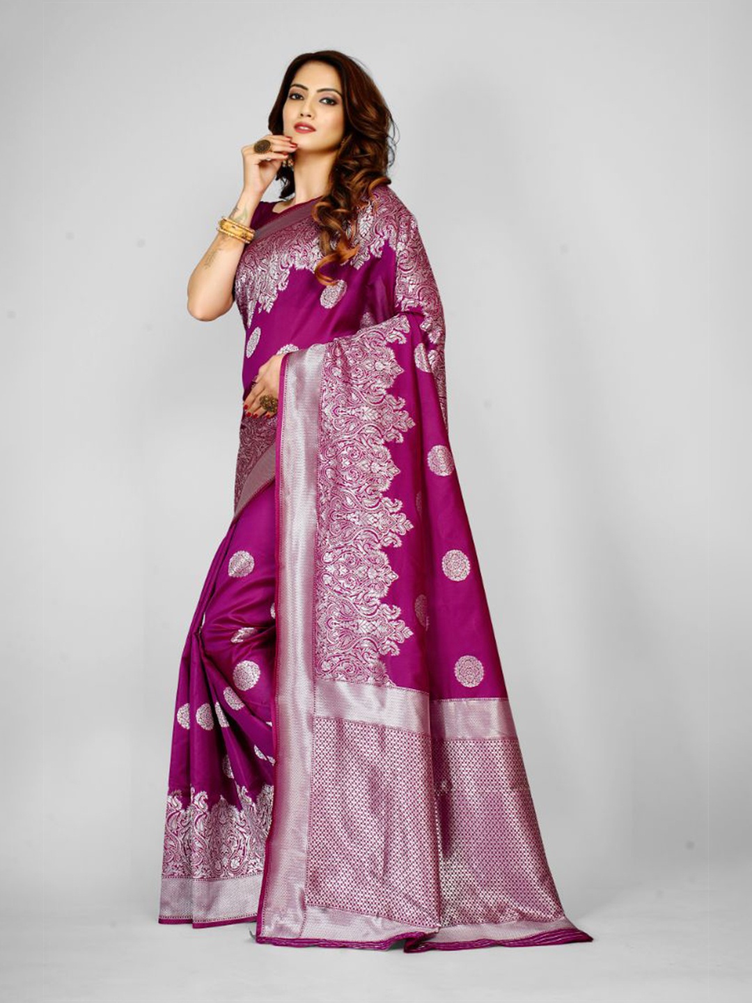 

Aagiri Ethnic Motifs Woven Design Zari Banarasi Saree, Purple