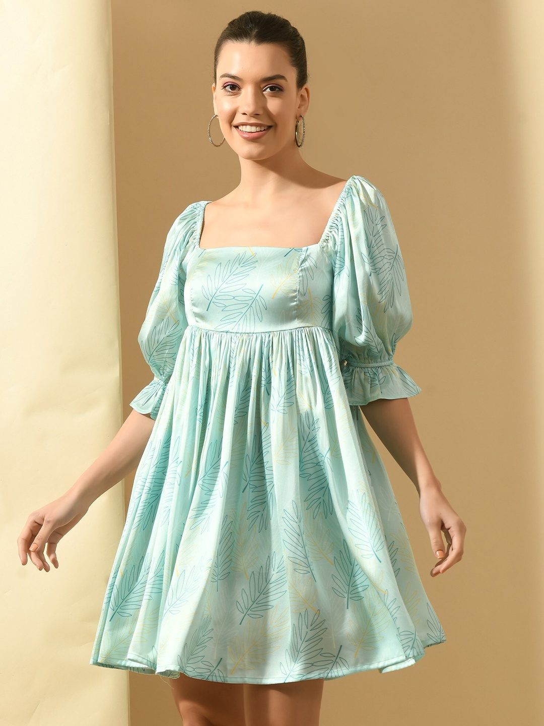 

PRETTY LOVING THING Print Puff Sleeve Fit & Flare Dress, Blue