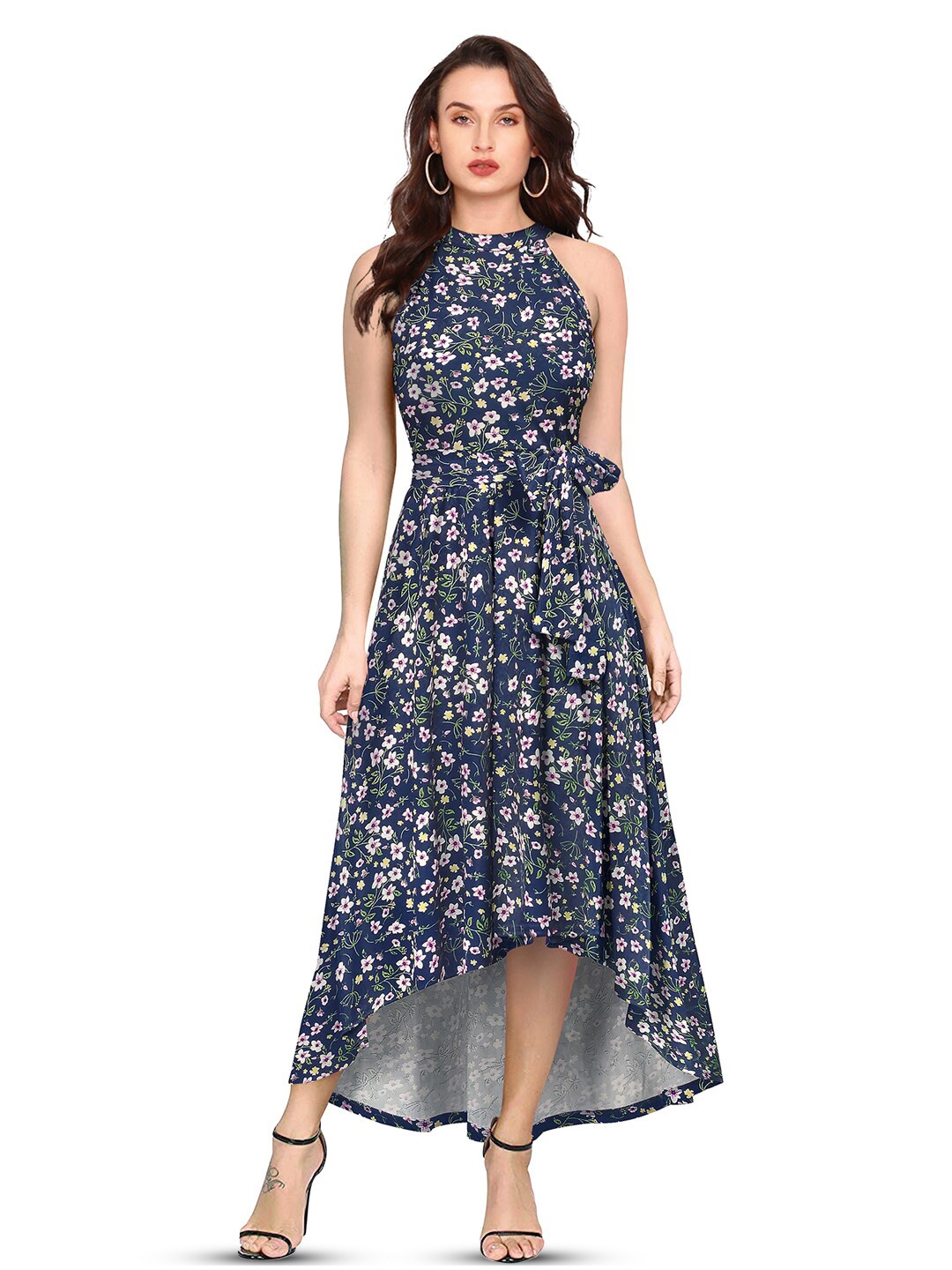 

BAESD Floral Print Halter Neck Sleeveless Fit & Flare High-Low Maxi Dress, Blue