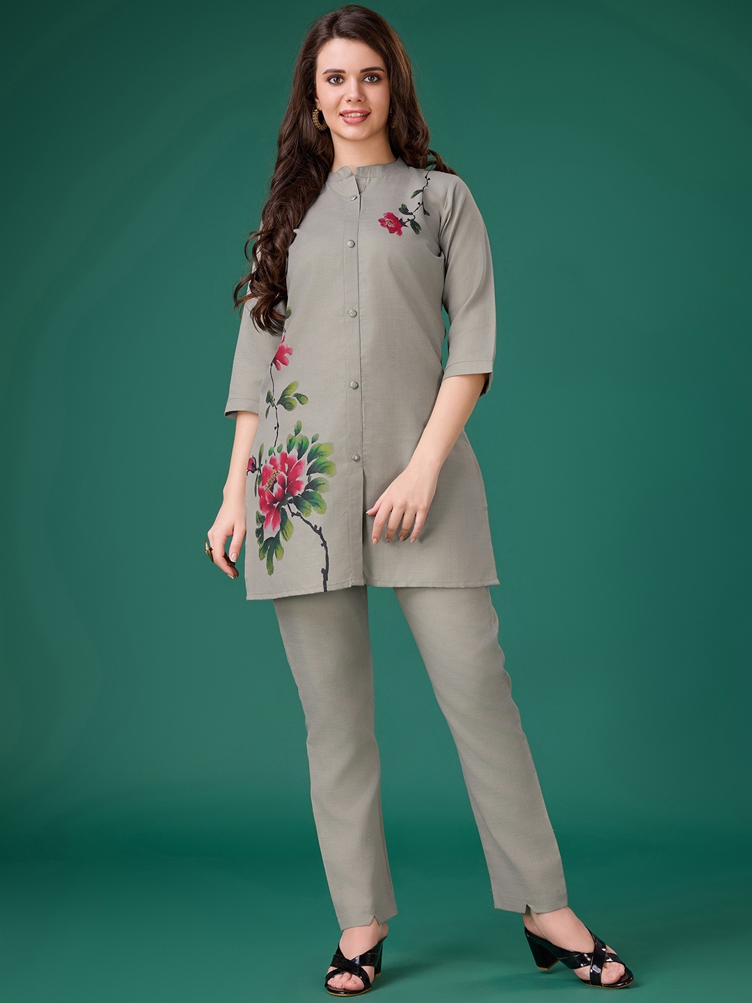 

MOJILAA Floral Printed Linen Tunic With Trouser, Grey