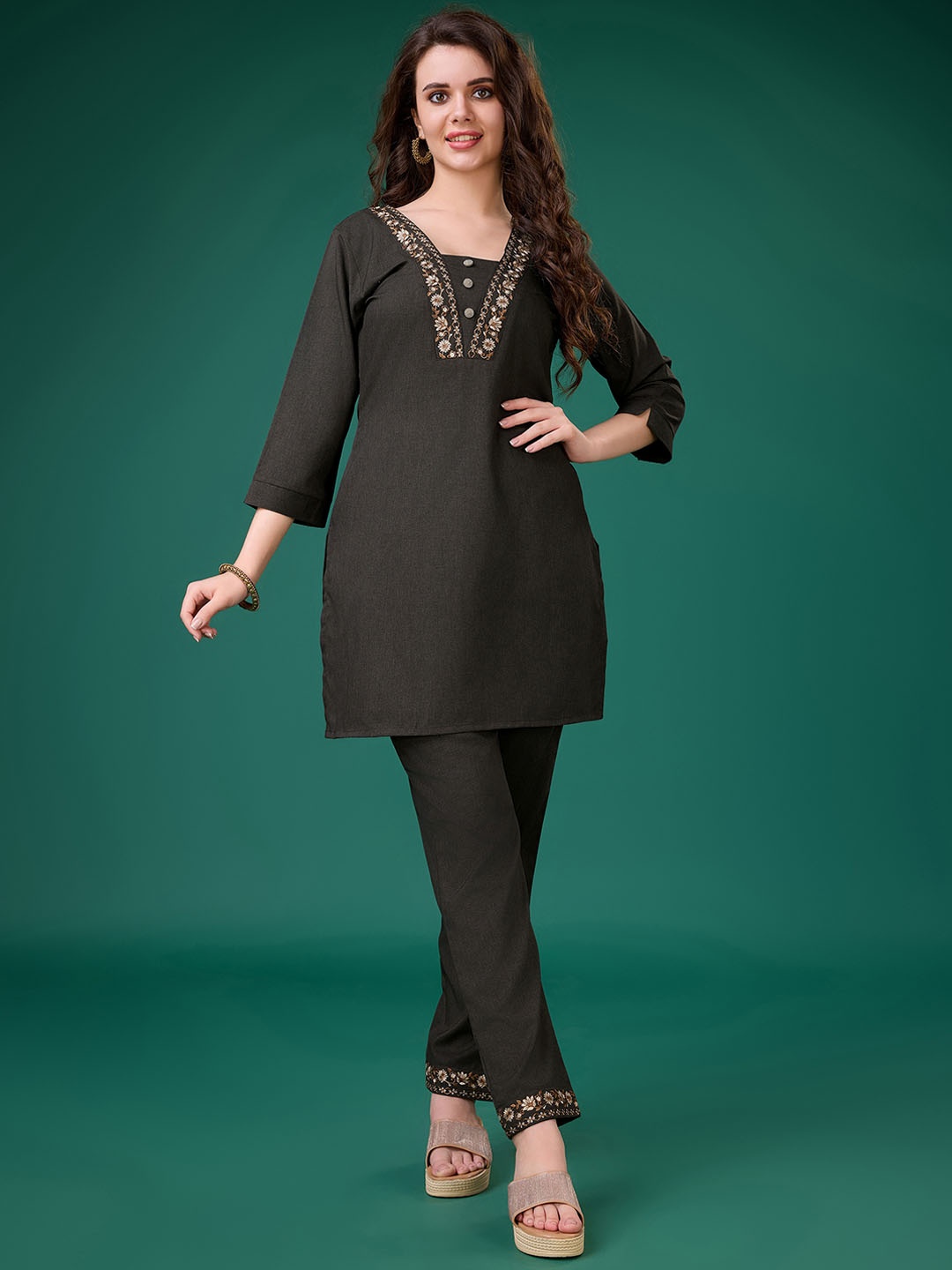 

MOJILAA Embroidered Linen Tunic With Trousers Co-Ords, Charcoal