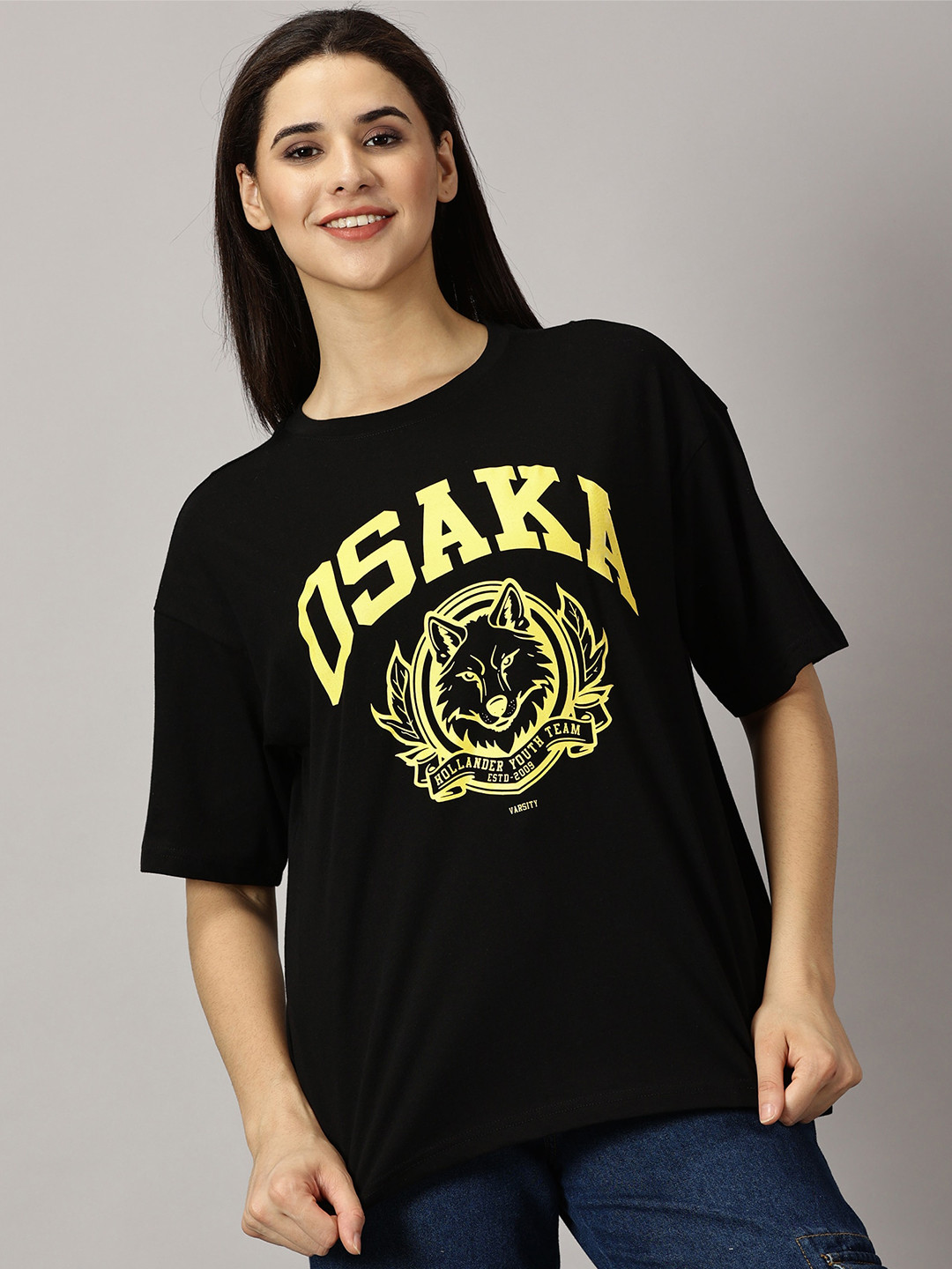 

THE HOLLANDER Typography Printed Drop Shoulder Sleeves Pure Cotton Oversized T-shirt, Black
