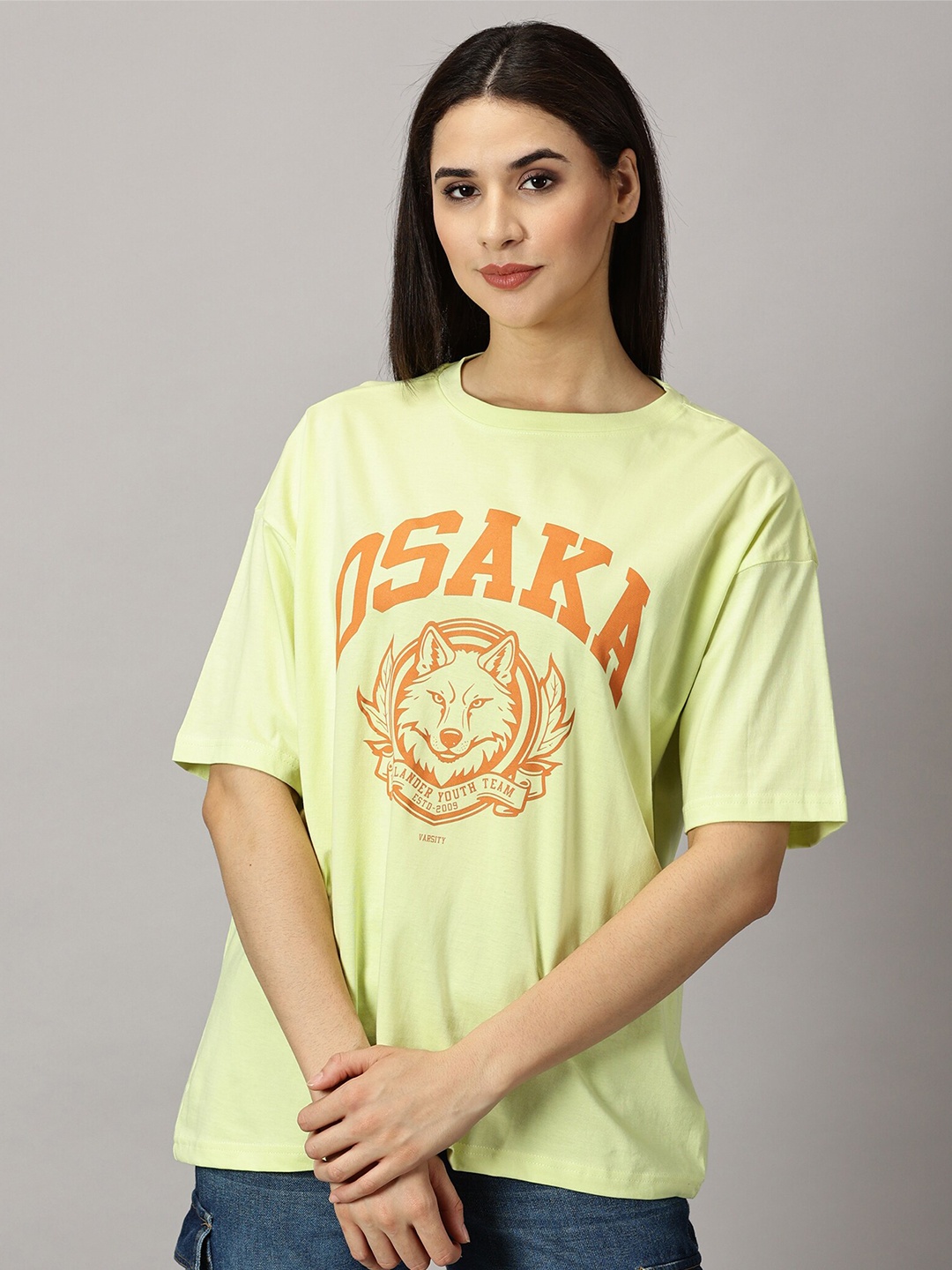 

THE HOLLANDER Graphic Printed Drop Shoulder Sleeves Cotton Oversized T-shirt, Lime green
