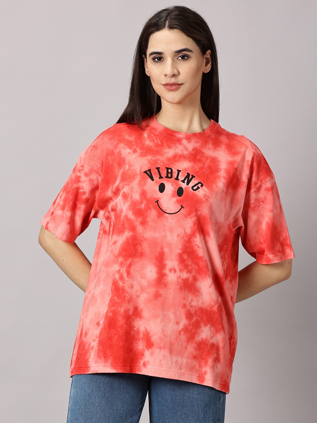 

THE HOLLANDER Tie & Dye Drop Shoulder Sleeves Cotton Oversized T-shirt, Red