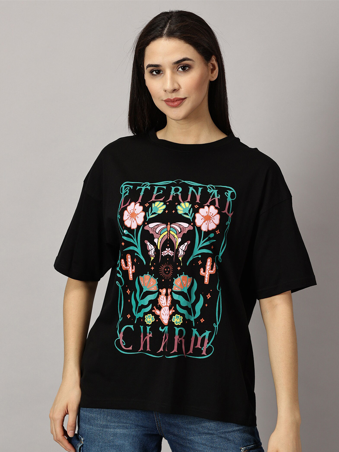

THE HOLLANDER Floral Printed Drop Shoulder Sleeves Cotton Oversized T-shirt, Black