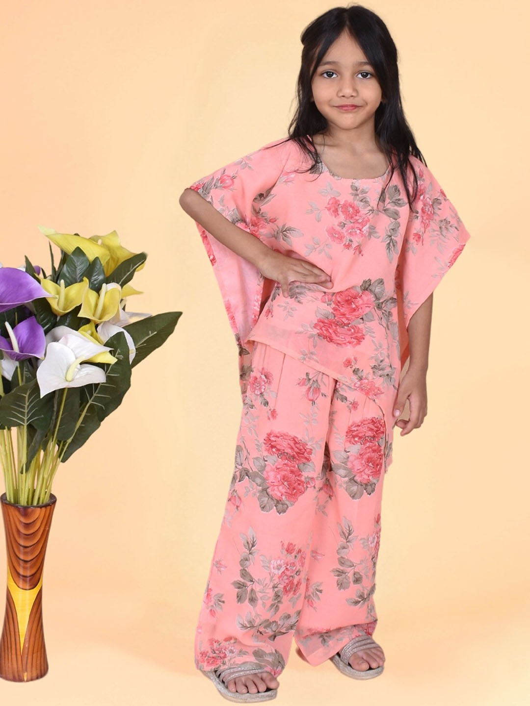 

misbis Girls Floral Printed Kaftan Top with Trouser, Pink