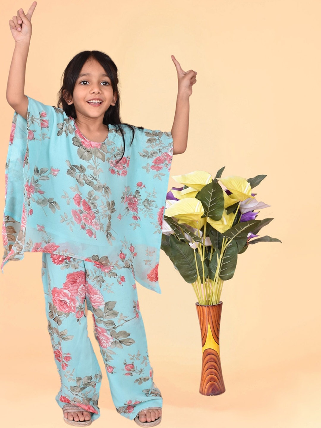 

misbis Girls Floral Printed Kaftan Top with Trouser, Turquoise blue