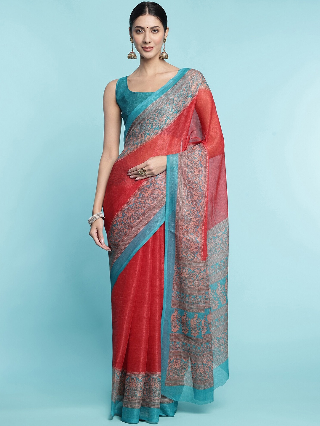 

Mitera Floral Pure Cotton Saree, Red