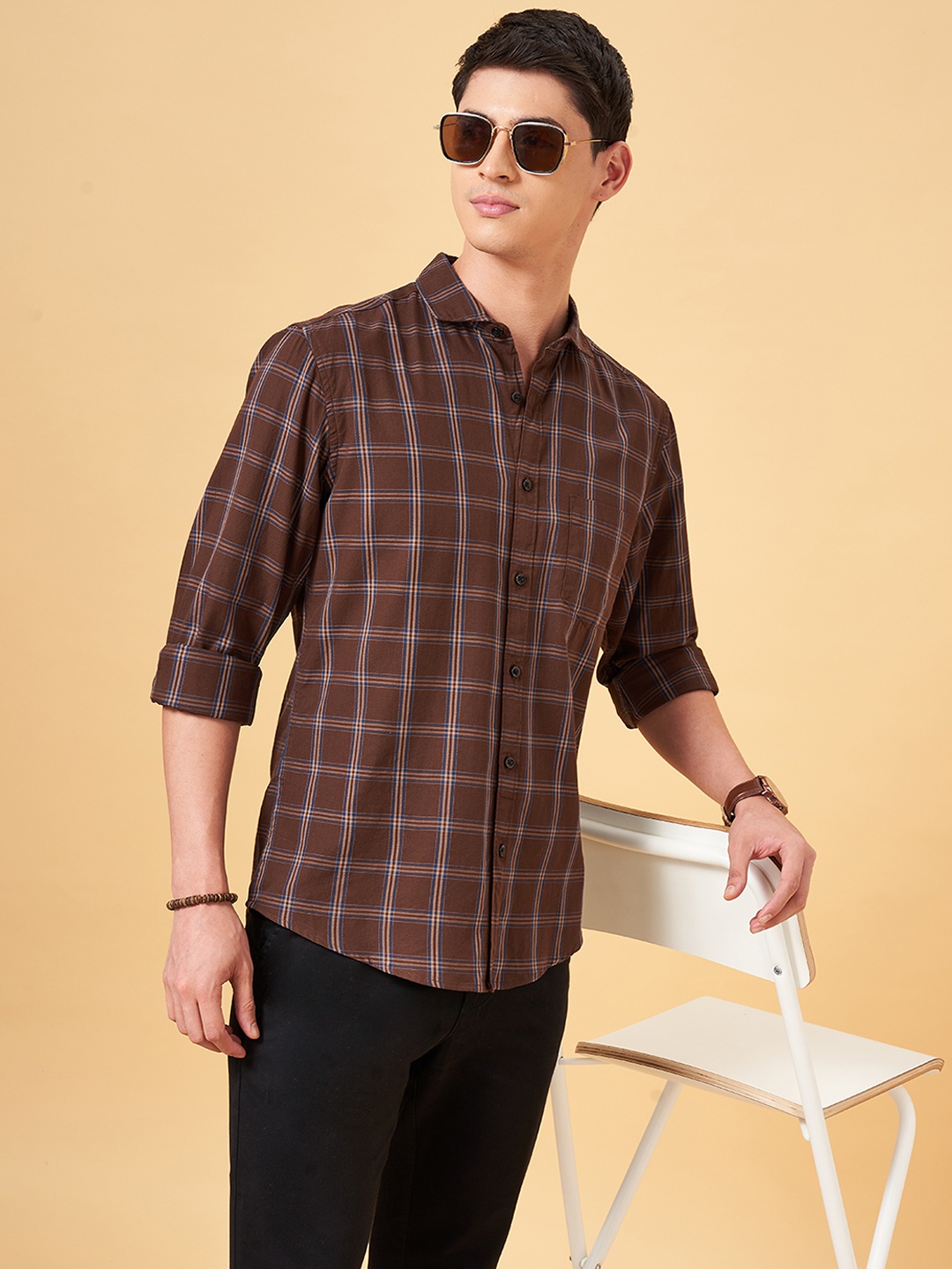 

BYFORD by Pantaloons Checked Cotton Slim Fit Casual Shirt, Brown