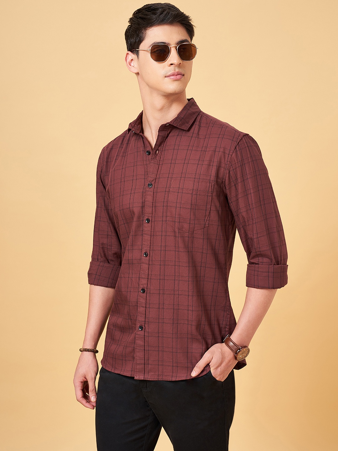 

BYFORD by Pantaloons Grid Tattersall Cotton Slim Fit Casual Shirt, Rust