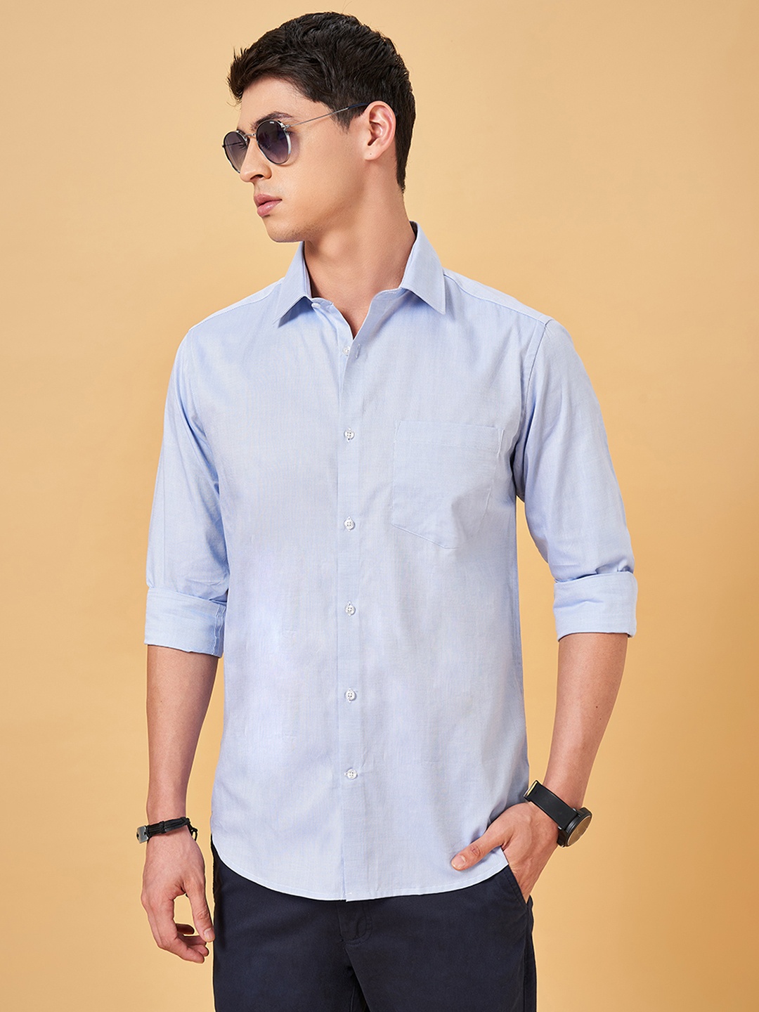

BYFORD by Pantaloons Cotton Spread Collar Slim Fit Casual Shirt, Blue