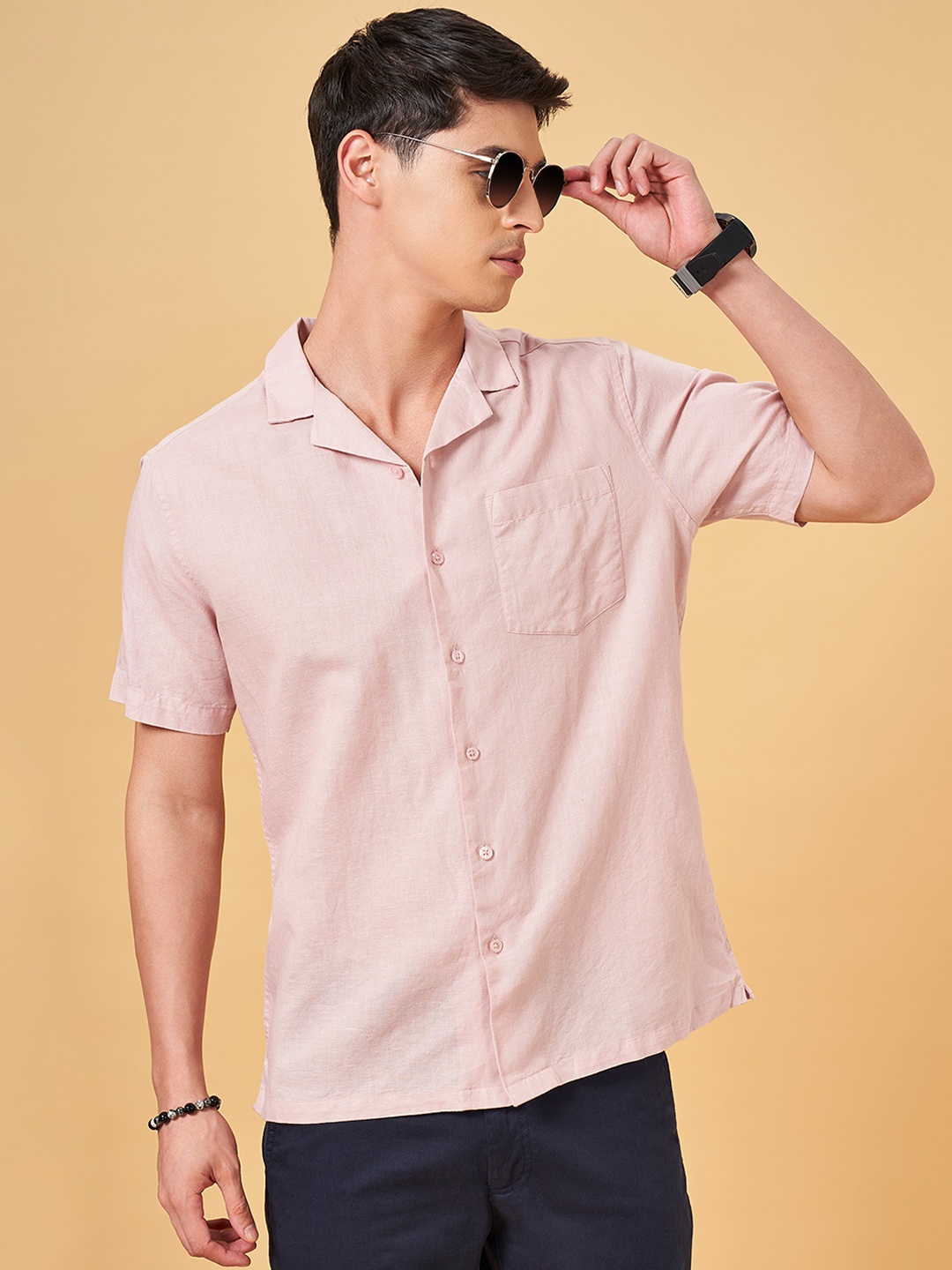 

BYFORD by Pantaloons Cotton Cuban Collar Opaque Casual Shirt, Pink