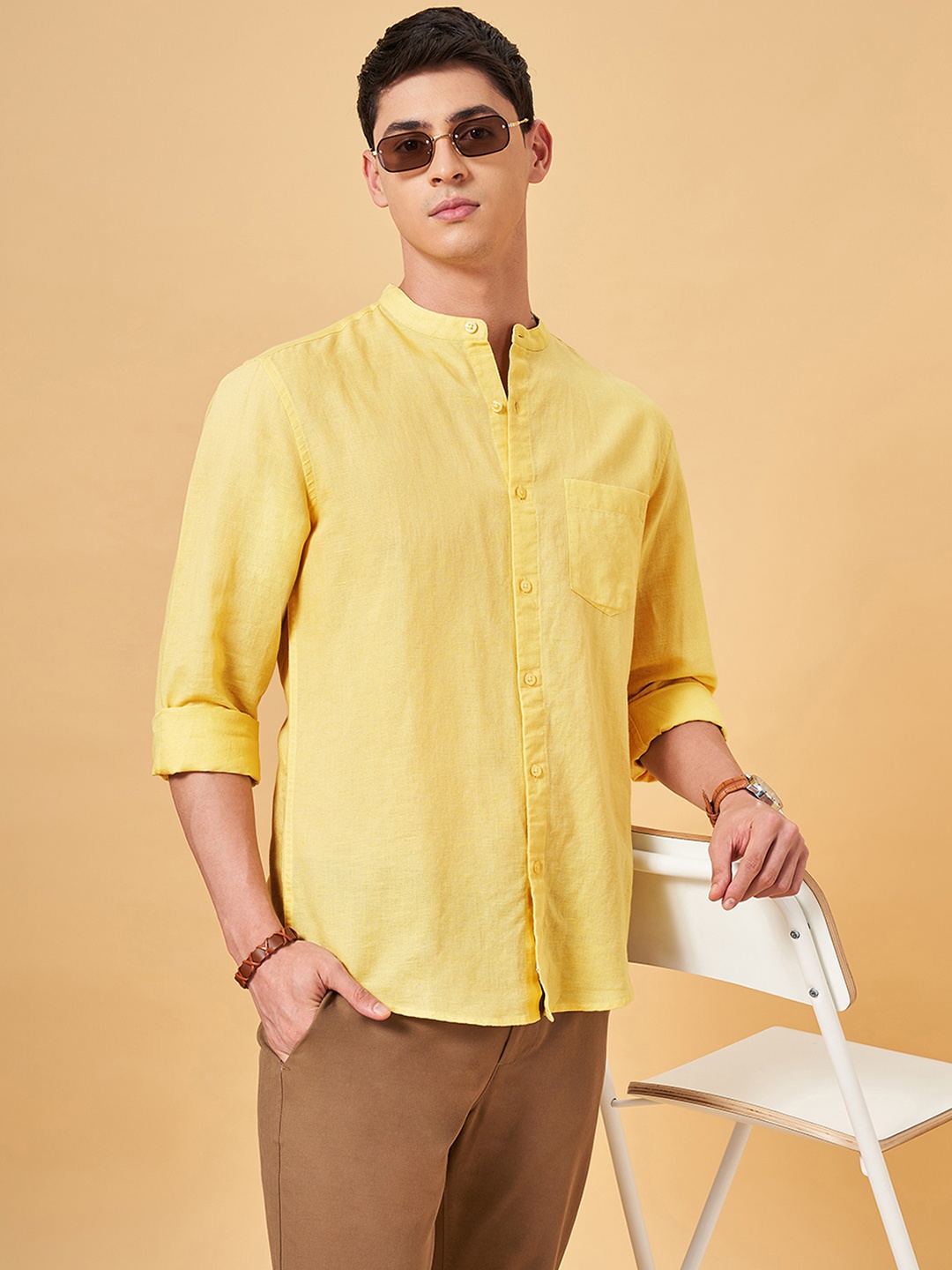 

BYFORD by Pantaloons Mandarin Collar Opaque Cotton Casual Shirt, Yellow
