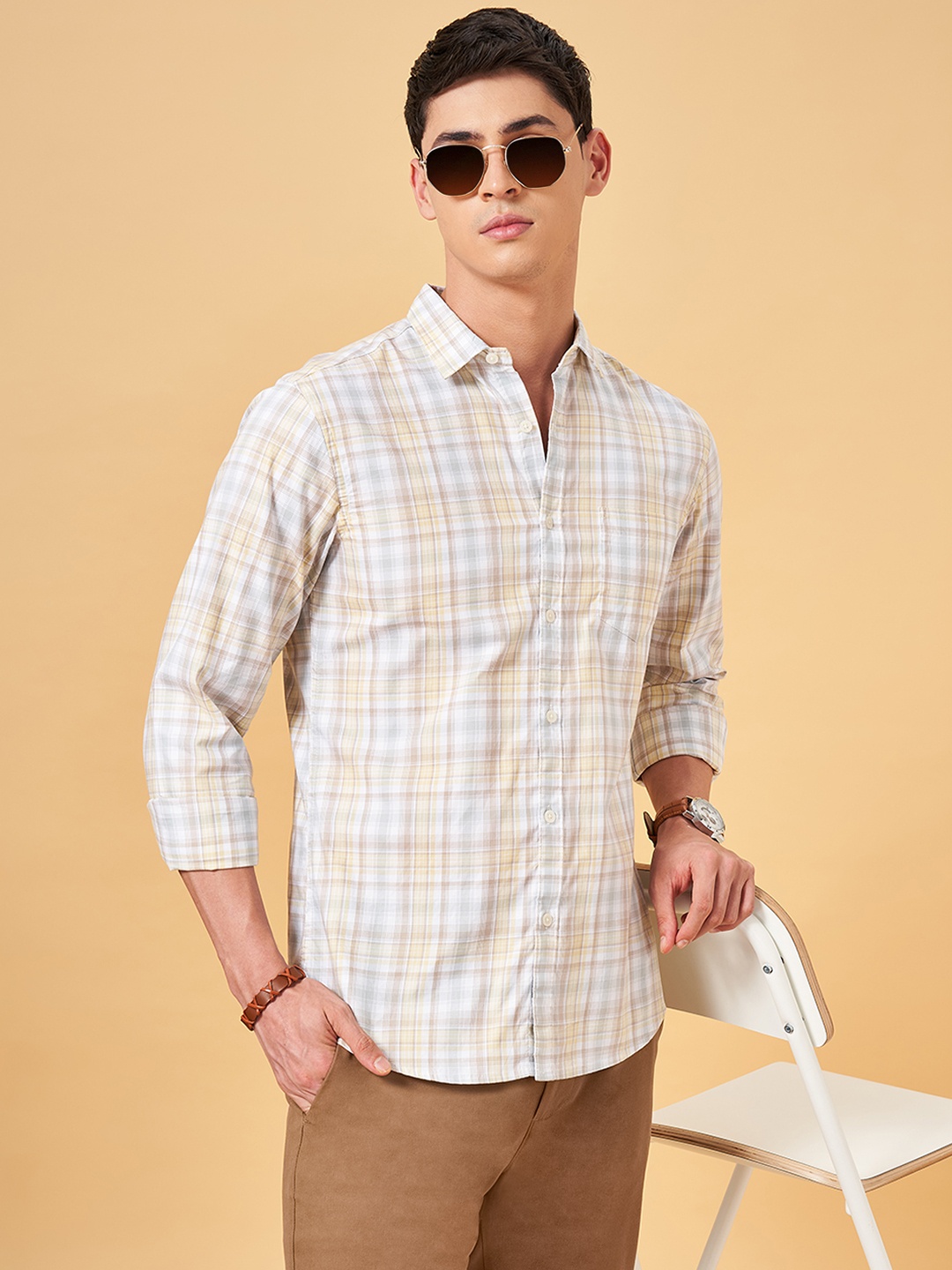 

BYFORD by Pantaloons Tartan Checked Cotton Slim Fit Casual Shirt, Beige