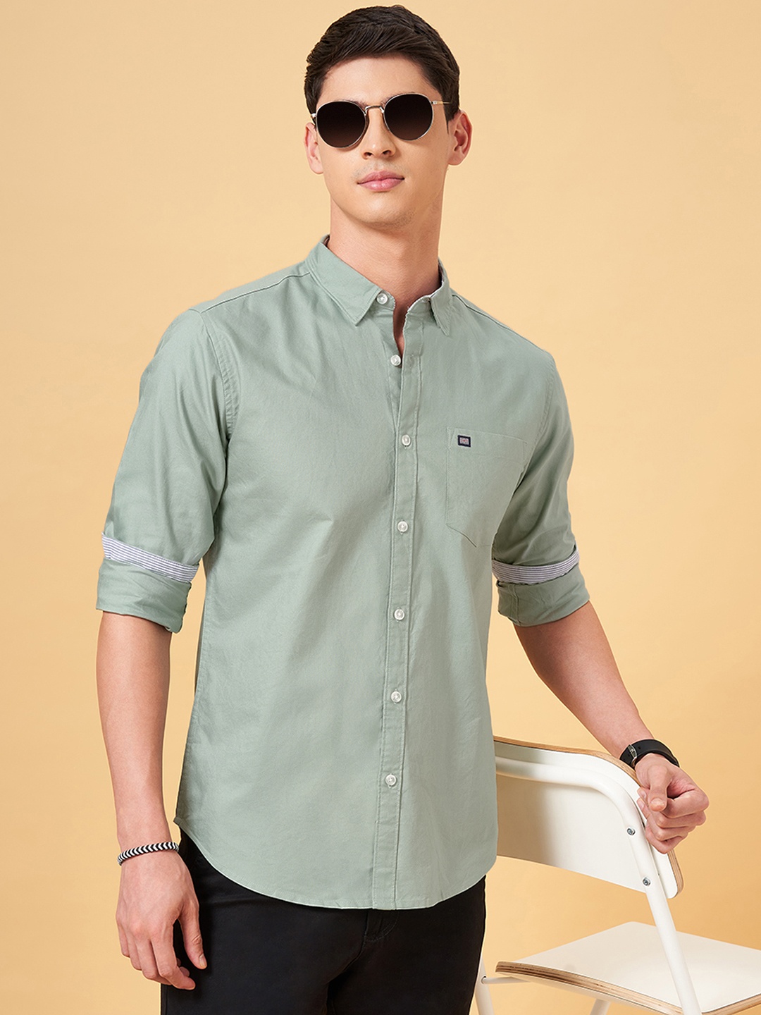 

BYFORD by Pantaloons Cotton Spread Collar Slim Fit Casual Shirt, Green
