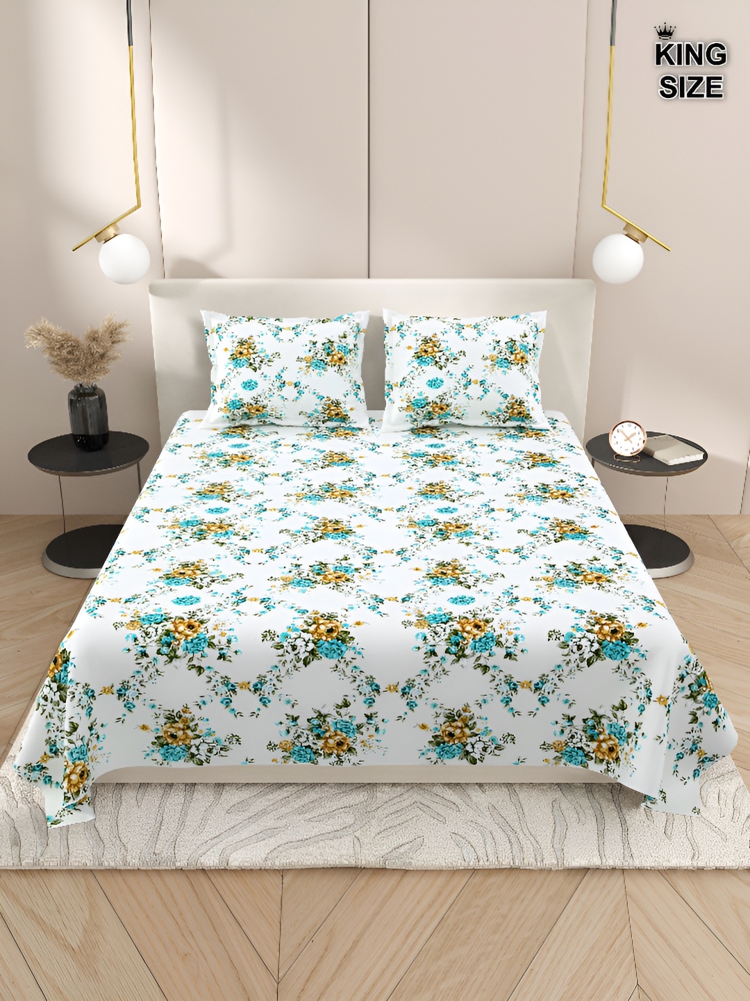 

DREAM WEAVERZ White & Green Floral Cotton 220 TC Super King Bedsheet With 2 Pillow Covers