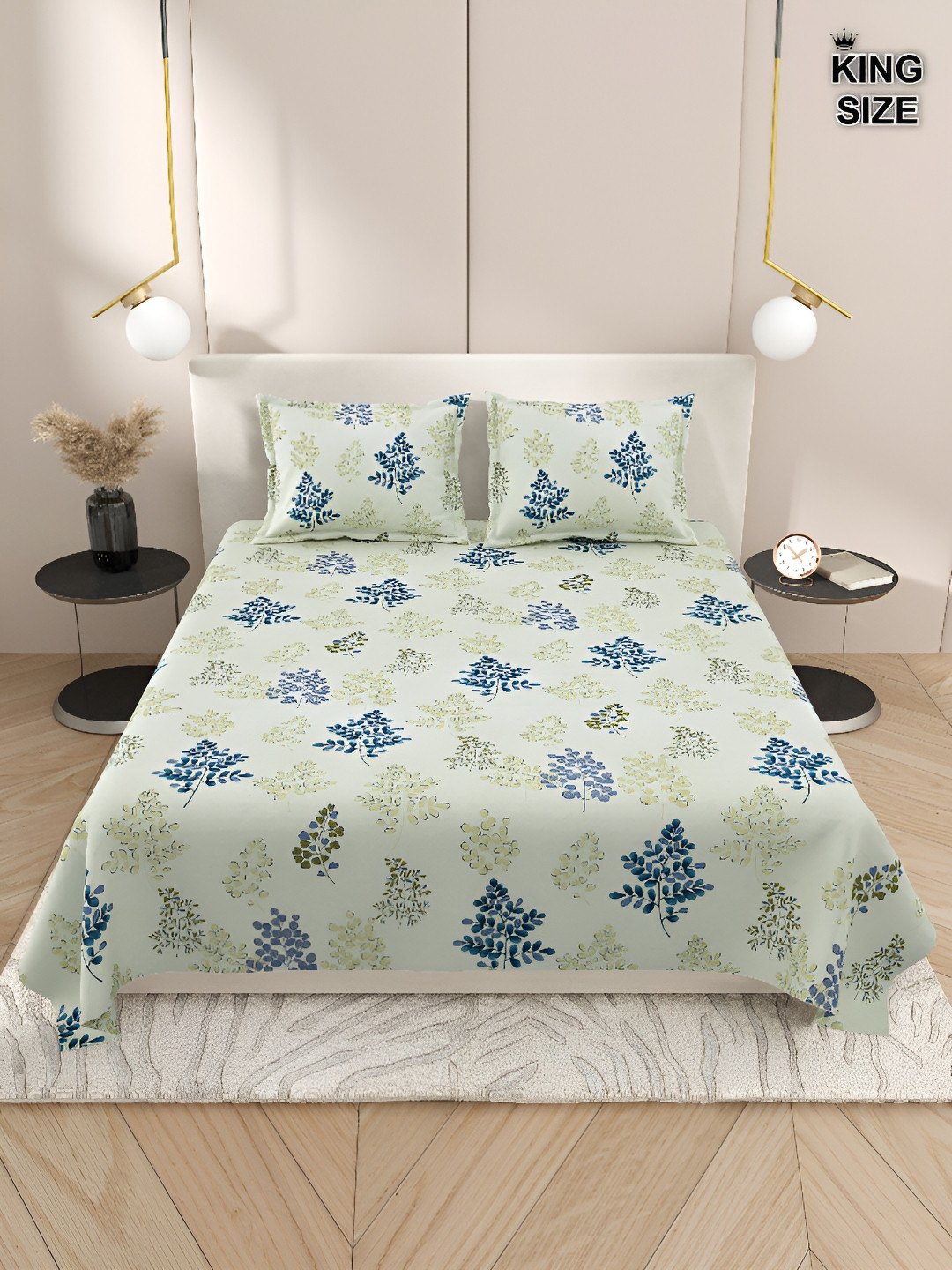 

DREAM WEAVERZ Green & Blue Floral Cotton 220 TC Super King Bedsheet with 2 Pillow Covers
