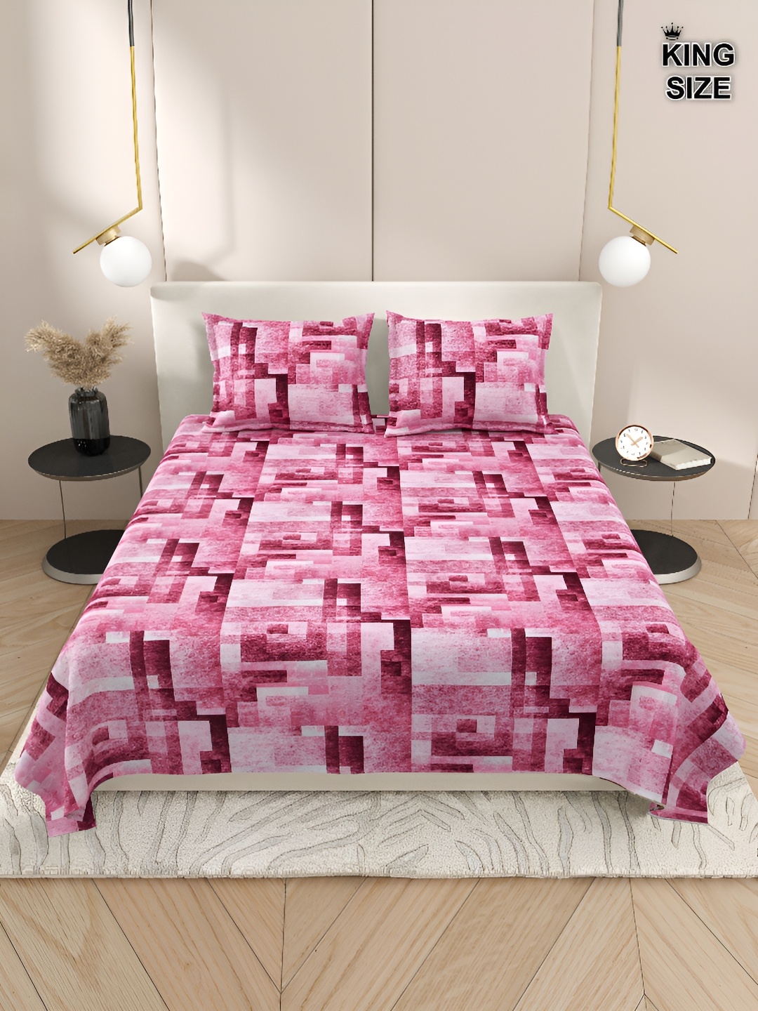 

DREAM WEAVERZ Pink & Purple Cotton 220 TC Super King Bedsheet With 2 Pillow Covers