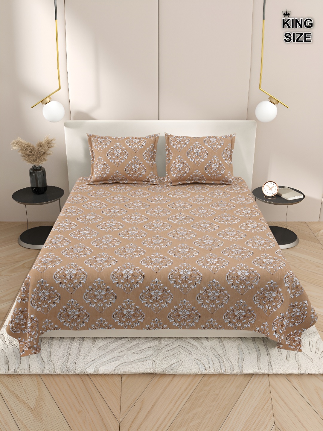 

DREAM WEAVERZ Brown & White Floral Cotton 220 TC King Bedsheet With 2 Pillow Covers