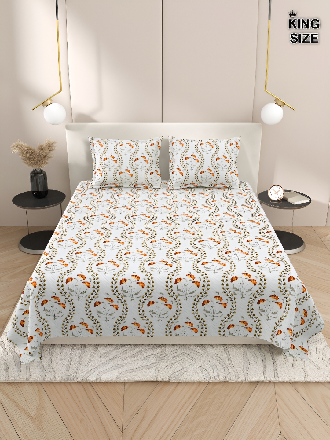 

DREAM WEAVERZ Orange & White Floral Cotton 220 TC King Bedsheet with 2 Pillow Covers, Brown