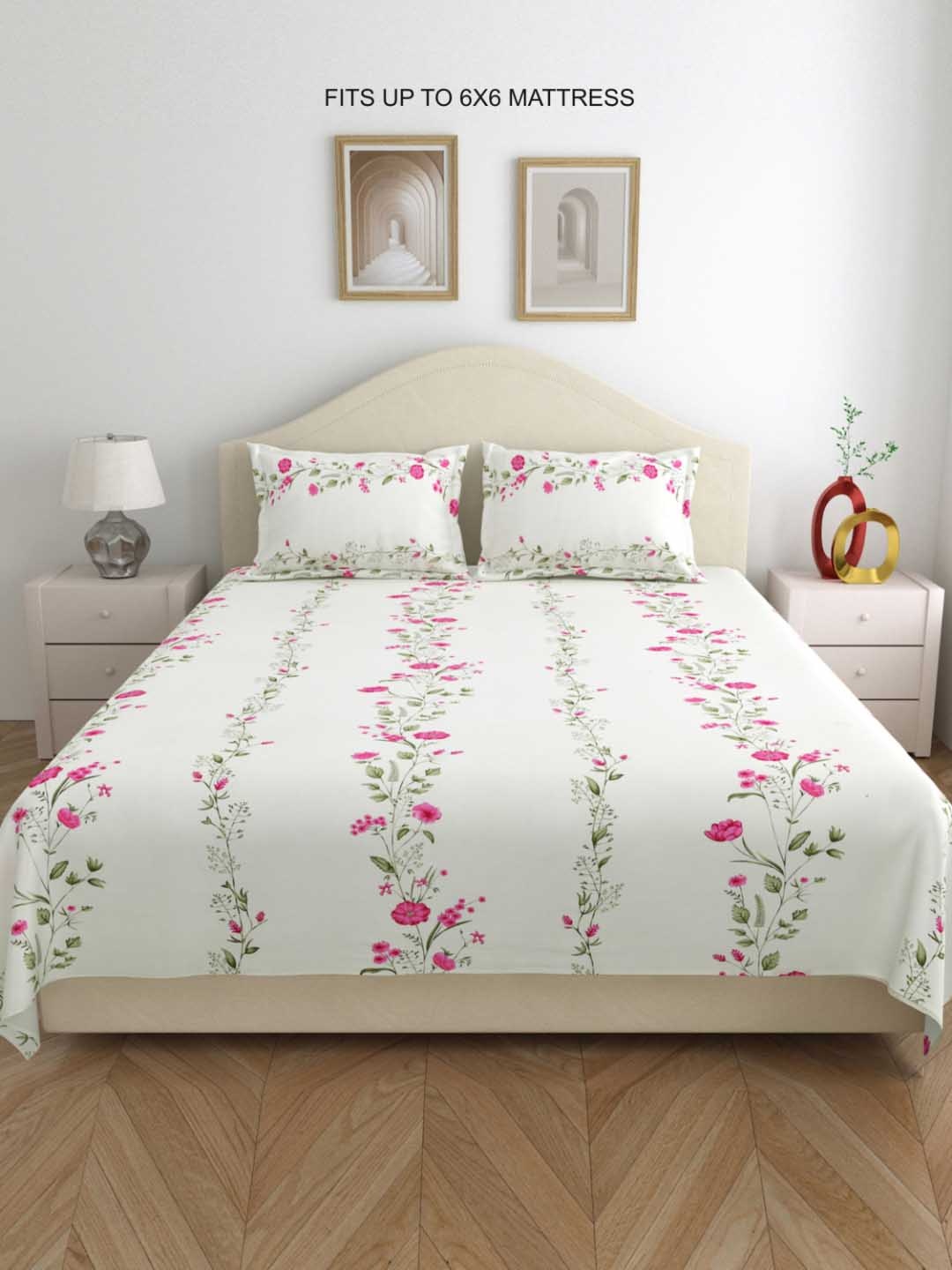 

DREAM WEAVERZ White & Pink Floral Cotton 220 TC Double Queen Bedsheet with 2 Pillow Covers