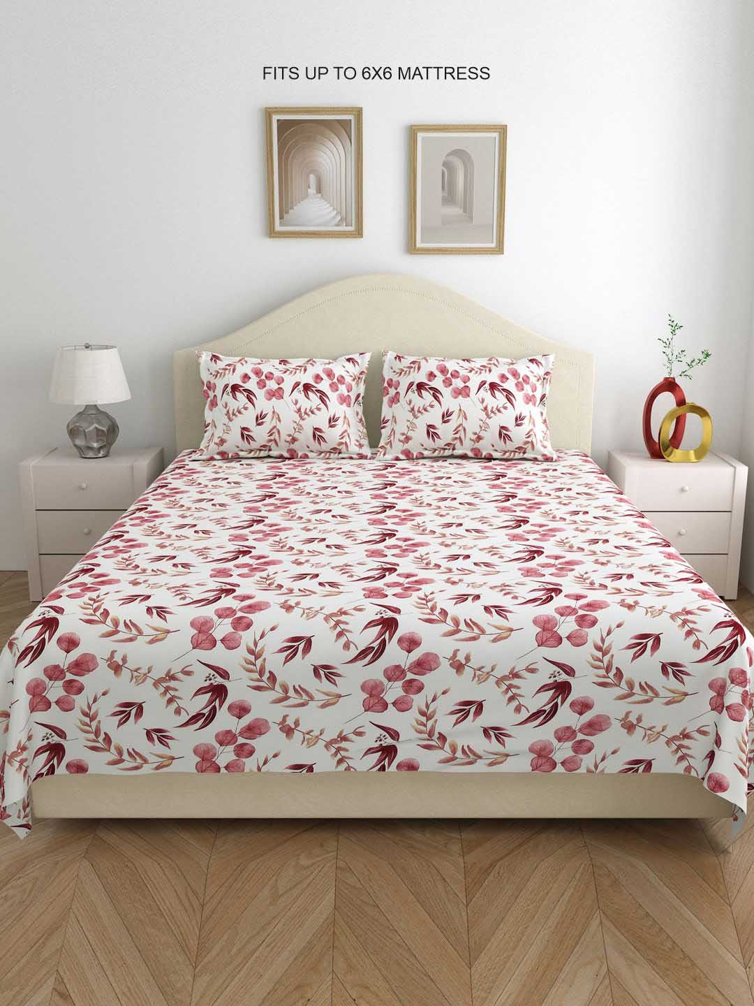 

DREAM WEAVERZ Maroon & White Floral Cotton 220 TC Double Bedsheet With 2 Pillow Covers, Peach