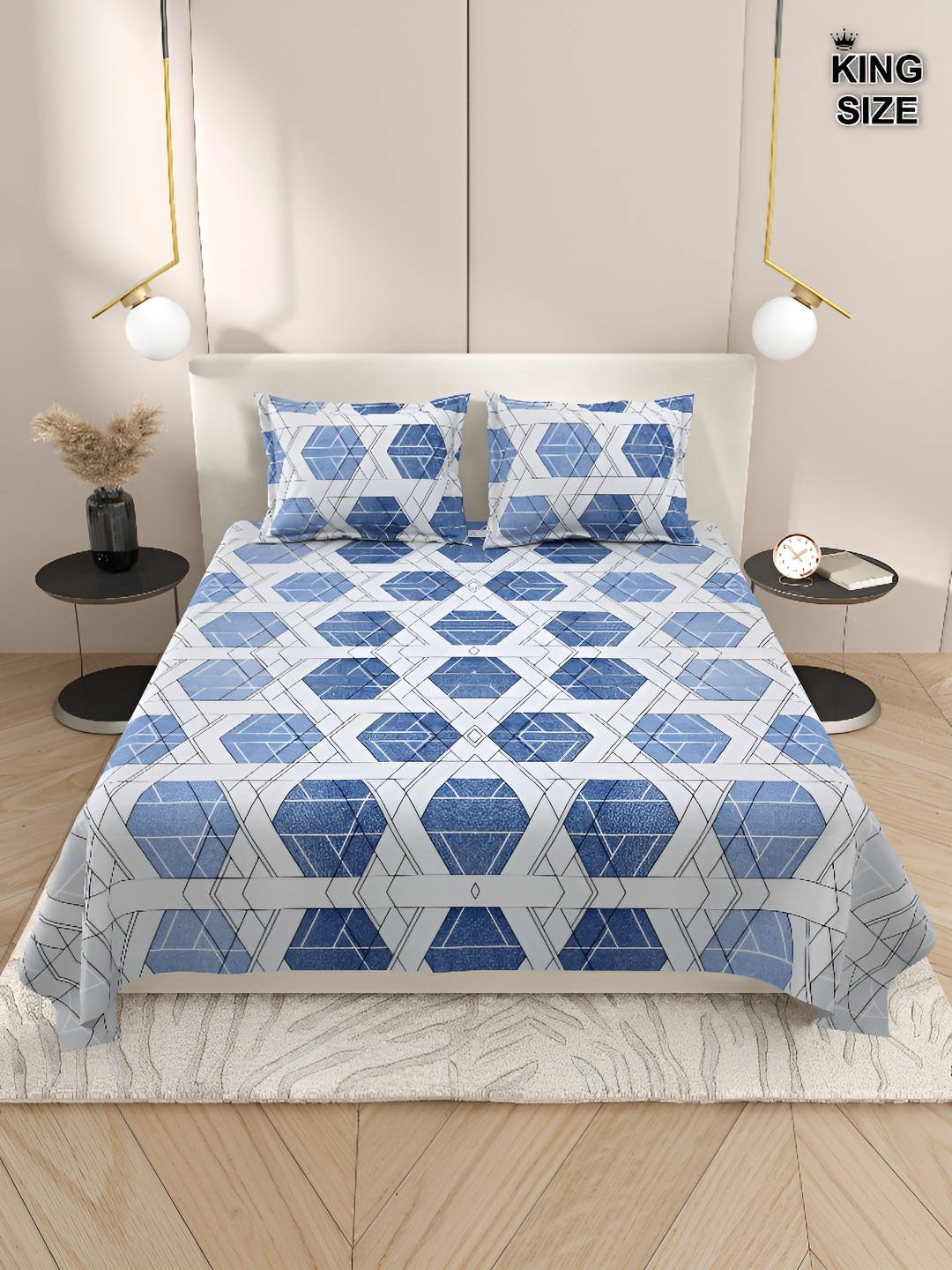 

DREAM WEAVERZ Blue & White Cotton 220 TC Super King Bedsheet With 2 Pillow Covers