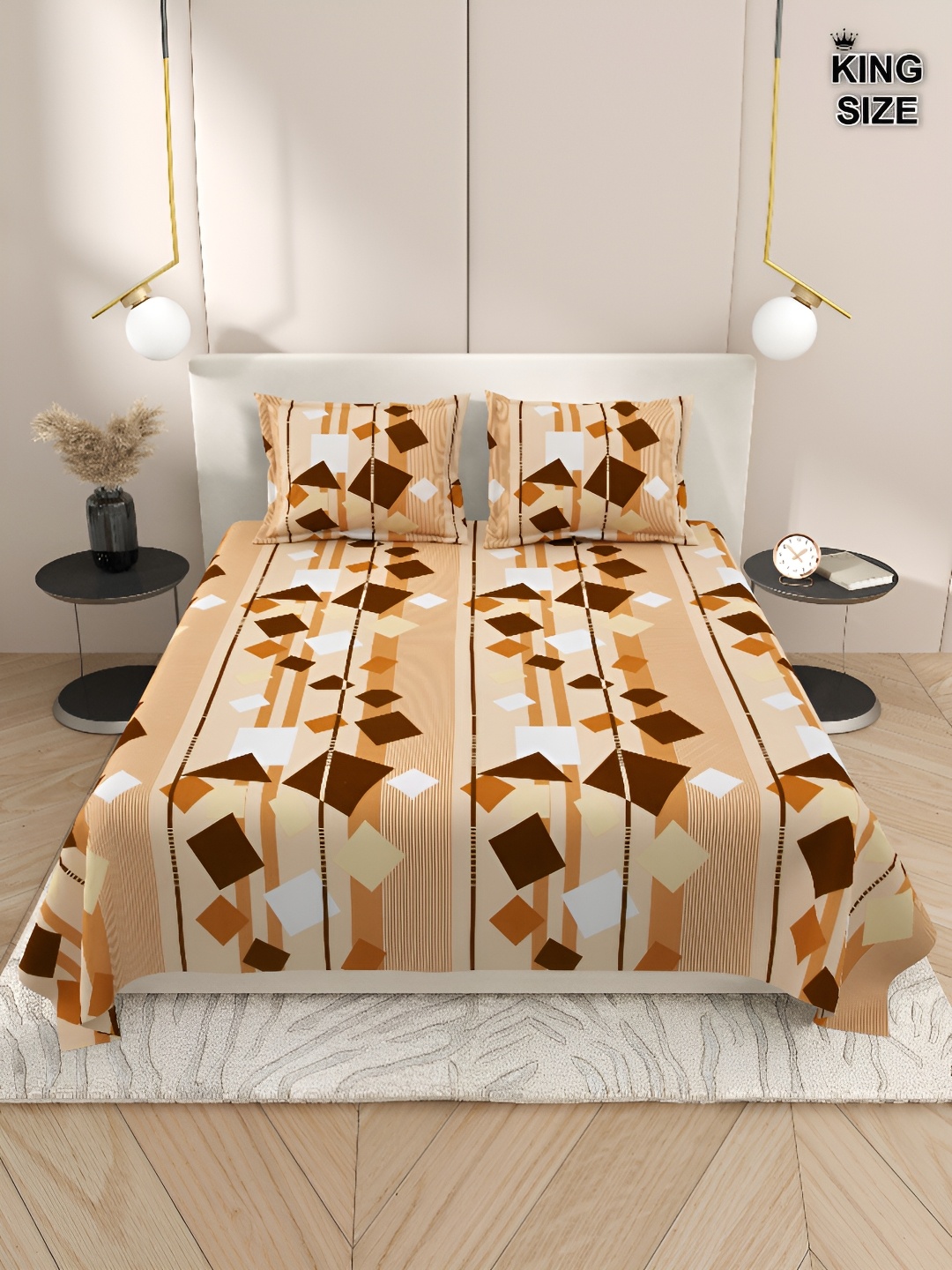 

DREAM WEAVERZ Brown & White Geometric Cotton 220 TC King Bedsheet with 2 Pillow Covers, Yellow